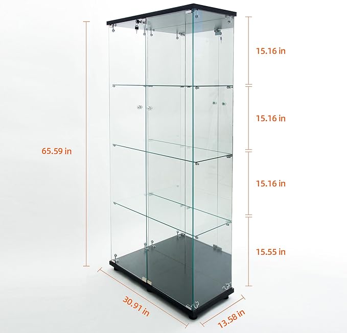 Yoluckea 4 Tiers Glass Display Cabinet with Bluetooth LED Light Strip, 2 Doors Floor Standing Curio Cabinet with Adjustable Feet and Mirror Back Panel, Black Glass Bookshelf for Collections, Wood Top