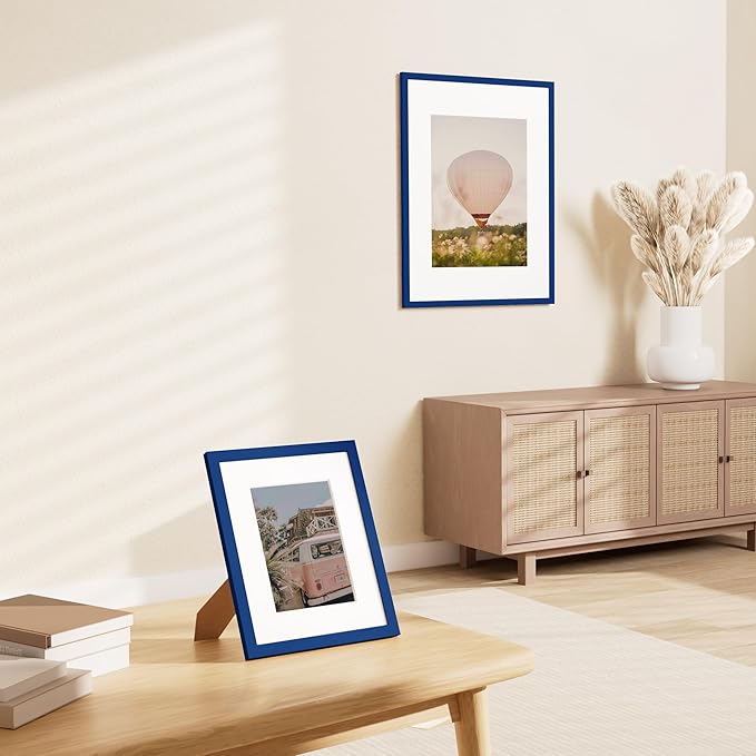Vittanly 8x10 Picture Frame Set of 2, Solid Wood Frame for Wall or Tabletop, Display Photo 5x7 with Mat or 8x10 without Mat, Royal Blue