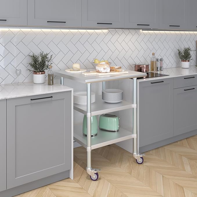 AmGood Stainless Steel Work Table with 2 Shelves and Casters | Metal Utility Table On Wheels (Stainless Steel Work Table with 2 Shelves + Casters, 30" Long x 30" Deep)