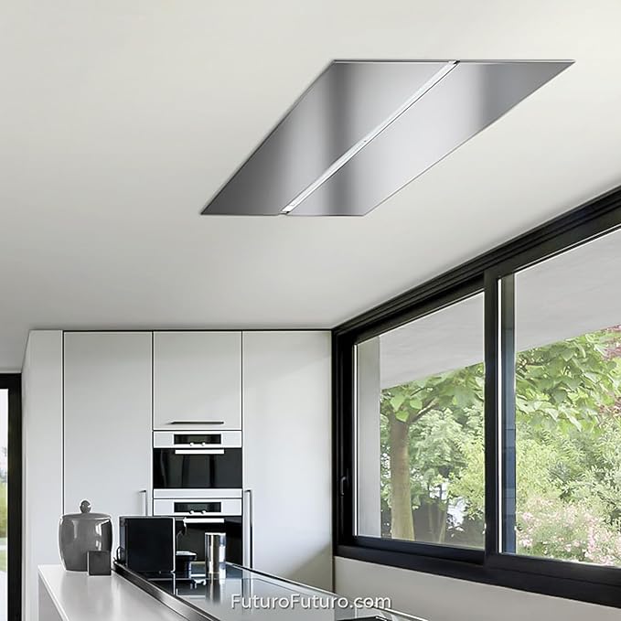 Futuro Futuro IS36SAVONA-INOX Ceiling Mount Range Hood, Stainless Steel, 36x23-5/8x11 inch, LED Light Strip, 940 CFM, 0.5-3.2 Sones, Remote Control Included