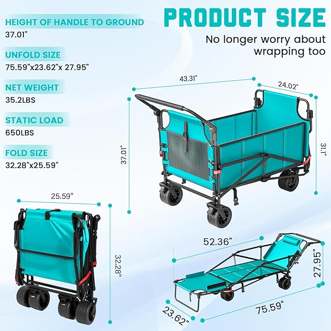 LEVELEVE Heavy Duty Folding Wagon - 2-in-1 Collapsible Cart, 650lb Capacity, All-Terrain Wheels w/Brakes & Side Pockets (Sky Blue)
