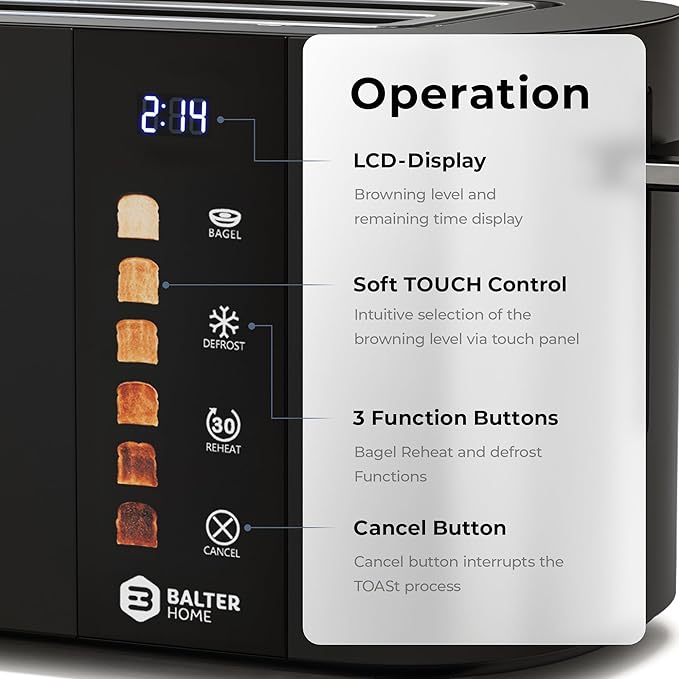 Toaster 4 Slice Wide Slot, Bagel Function, Long Slot, Stainless Steel, Touch Screen, Built-in Rack, Extra-Wide 1.5" Slots for Thick Breads & Bagel, Timer, BPA-Free, Removable Tray, Black