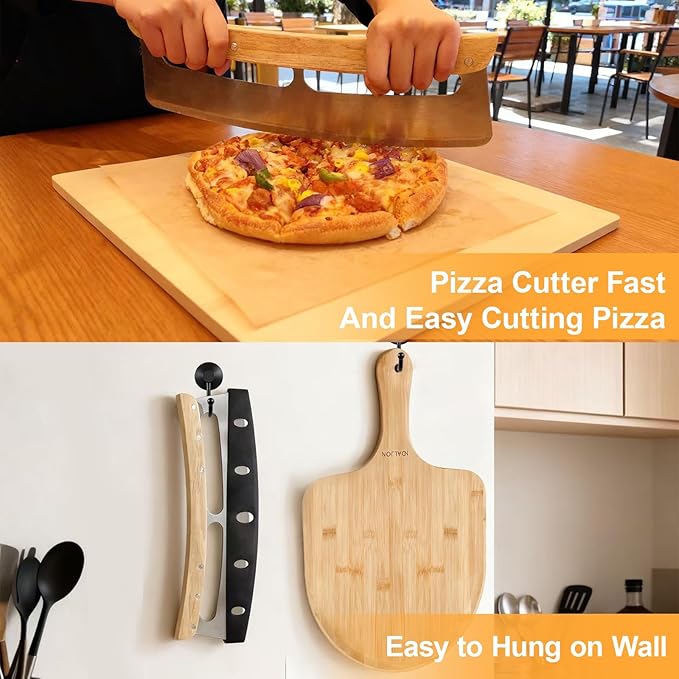 Rectangular Pizza Stone Kits 4PCS 12"x15",Cordierite Baking Stone for Grill & Oven,Cutter Rocker Stainless Steel &10pcs Cooking Paper and Peel Paddle-Durable and Pizza Oven Accessories