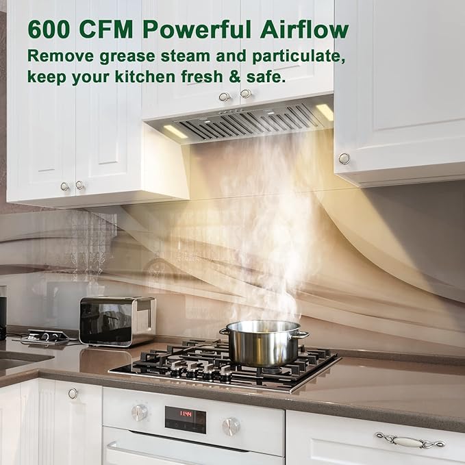 Akicon Range Hood Insert/Built-in 30 inch, Ultra Quiet Powerful Vent Hood with LED Lights, 3 Speeds 600 CFM, Stainless Steel