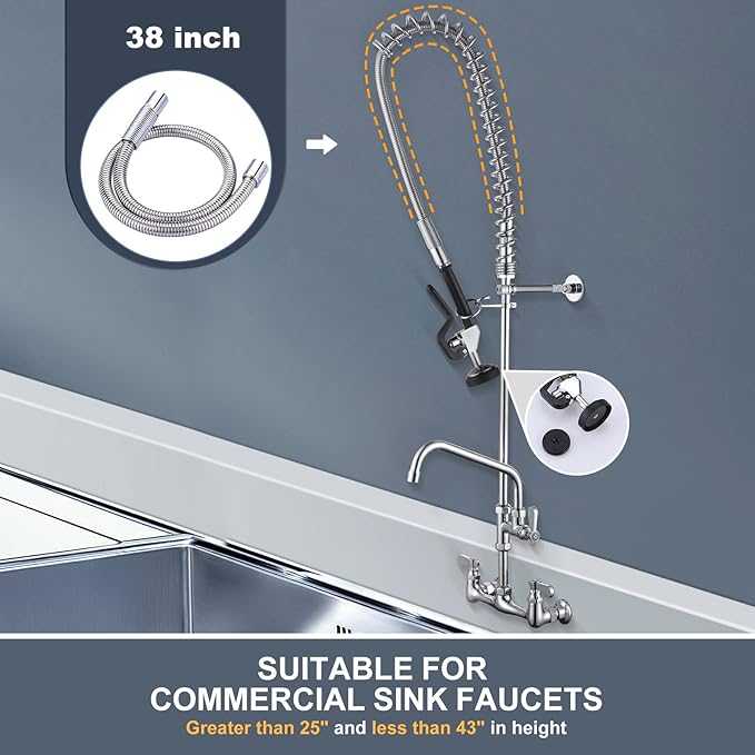 38" Commercial Sink Faucet Sprayer Hose, Pre-rinse Sprayer Hose for Commercial Kitchen Sink Faucet, 38 Inch Stainless Steel Flexible Hose Replacement Kit for Restaurant Industrial Dishwasher