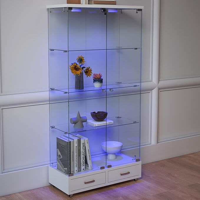 Yoluckea 4 Tier Glass Display Cabinet with LED Lighting and 2 Drawers, 2 Doors Floor Standing Curio Cabinet with Wheel for Home, Office, Corner Display, White Glass Bookshelf for Collections and Decor