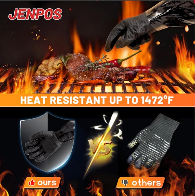 BBQ Gloves - 1472°F Thicken Heat Resistant Gloves w/S-Hook 14 in Kitchen Oven Mitts Waterproof Grill Glove Oil Resistant Grilling Glove Cooking Gloves for Turkey Fryer/Baking/Oven/Smoker