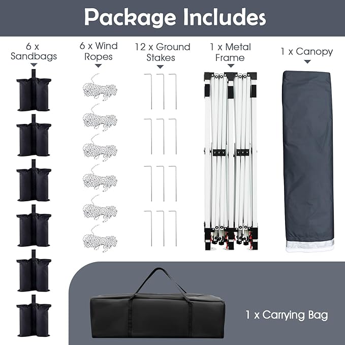 Tangkula 10x20 Ft Pop Up Canopy, Instant Setup Tent with 6 Sandbags, 12 Stakes & 6 Ropes, UPF 50+ Portable Outdoor Canopy Tent with Carrying Bag for Camp, Beach, Patio (Black)