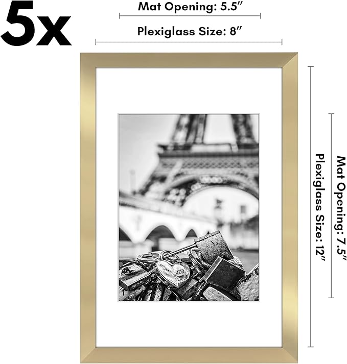 Americanflat 8x12 Picture Frame with Polished Plexiglass - Set of 5 - Use as 6x8 Frame with Mat or Display 8x12 Photo Without Mat - Galleria Collection - Picture Frames for Wall Display - Gold