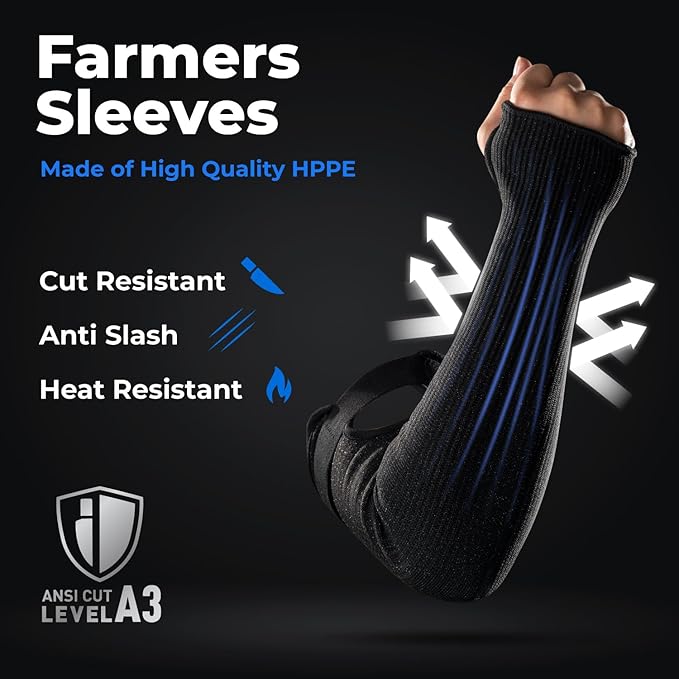 OriStout Cut Resistant Farmers Sleeves with Thumb Hole, Protective Arm Sleeves, for Gardening, Welding, Kitchen, Arm Guards for Biting, Pet Grooming, Black, 1 Pair