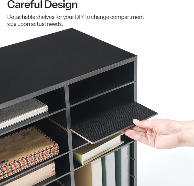 HOOBRO Literature Organizer, 24 Compartments Wooden Mail Organizer, Countertop Literature Sorter with Adjustable Shelves for Home, Office, School, Student Mailbox for Classroom, Black BK38WF01