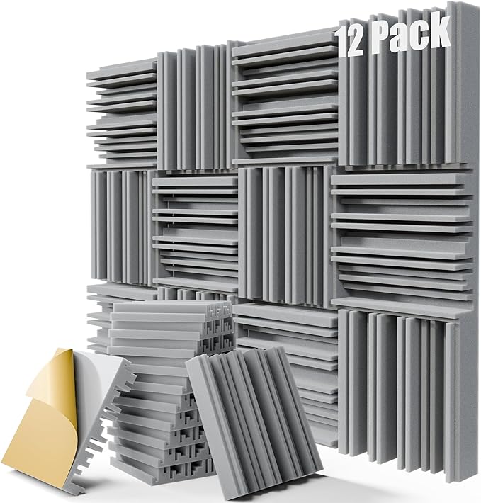 Upgrade 12 pack Self-adhesive Sound Proof Foam Panels,12" X 12" X 2" Acoustic Panels with High Density,Decorative Soundproof Wall Panels Studio Sound Absorbing Foam for Wall and Ceiling(Gray)