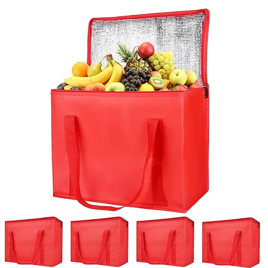 Bodaon 5-Pack Cooler Insulated Food Delivery Bag, X-Large Bags for Grocery/Catering/Shopping, Rideshare Delivery Bag, Thermal Hot Pizza, Large Cold and Frozen Accessories, XL Tote, Red