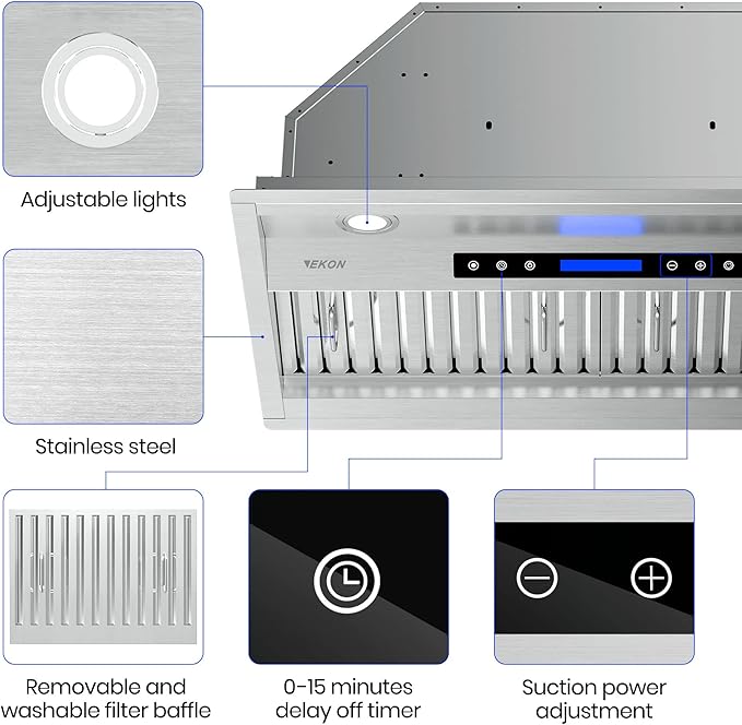 EKON NAB02-42" 900CFM Range Hood Insert, Ducted/Ductless Convertible Built-in Range Hood with Remote/4-Speed Touch Control LCD Display,Adjustable Leds for Over Kitchen Stove