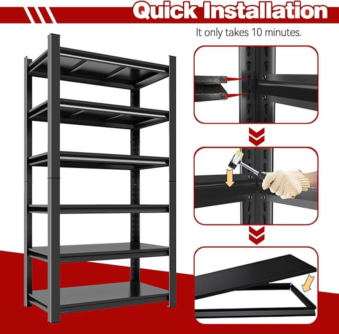 78"Hx40"W Metal Garage Shelving Unit,Metal Storage Shelves 6 Tier Adjustable Shelving Unit Garage Shelves for Kitchen Warehouse Pantry Basement,Rust-Resistant,78"H x 40"W x 17.8"D,Black