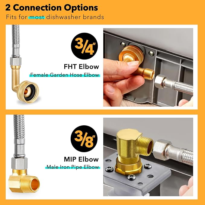 Dishwasher Hose Installation Kit - Includes Water Supply Line, 3/8" Compression Water Splitter, 3/4" FHT Elbow, and 3/8" MIP Elbow (6 FT)