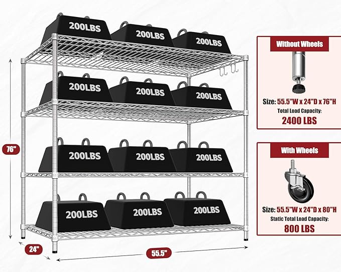 PrimeZone 4 Tier 55.5" Wx24 Dx76 H Wire Shelving with Wheels 2400lbs NSF Certified Storage Shelves Heavy Duty Metal Shelf Adjustable Rolling Rack Commercial Garage Restaurant Warehouse Chrome 2Pack