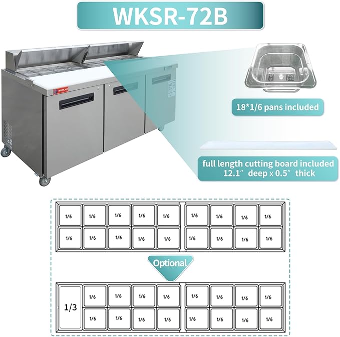 WESTLAKE 72" W 3 Door Refrigerator Sandwich&Salad Prep Table Commercial Stainless Steel Counter Fan Cooling Refrigerator with 18 pans-72 Inches for Restaurant, Bar, Shop, etc
