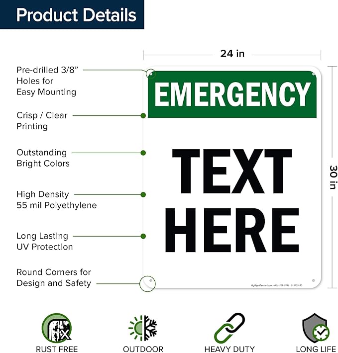 Custom Emergency Sign, OSHA Sign, 24x30 Inches, 55 mil thick HDPE (high density polyethylene), Made in USA by My Sign Center