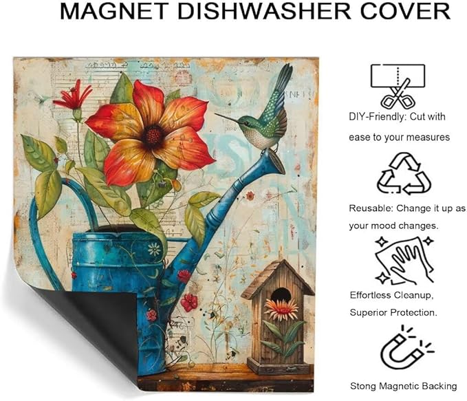 Farm Floral Watering Can Dishwasher Magnet Cover,23" x 26" Dishwasher Cover,Retro Countryside Bird House Magnetic Decal Vinyl Sticker Kitchen Decor Refrigerator Magnets Self Adhesive Wrap