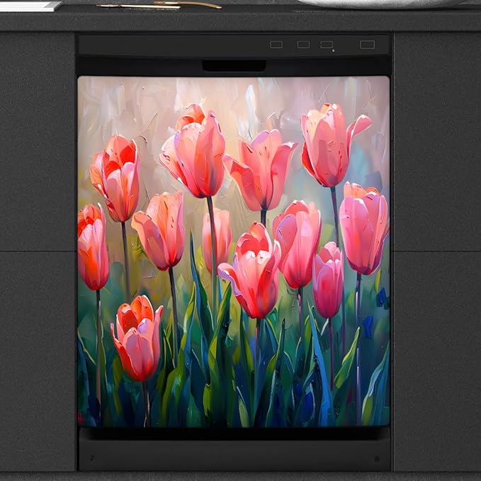 Dishwasher Magnet Cover Beautiful Tulip Flower Front Dishwasher Cover Decoration Reusable Magnetic Door Cover Panel Decal Home Appliances Stickers Kitchen Refrigerator Fridge 23"x26"