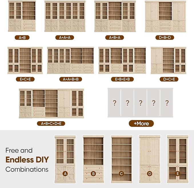 70.8" Tall Bookshelf with Doors, Farmhouse Modular Bookcase with 4-Tier Adjustable Shelves, Large Storage Cabinet for Home Office, Living Room, Brown, Set of 3
