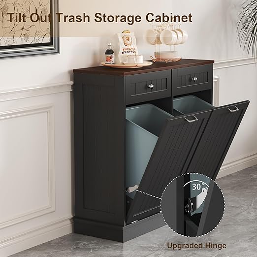 Tilt Out Trash Can Cabinet Dog Proof with Double Wood Hidden Trash Can Holder, Kitchen Free Standing Recycling Cabinet（Black）