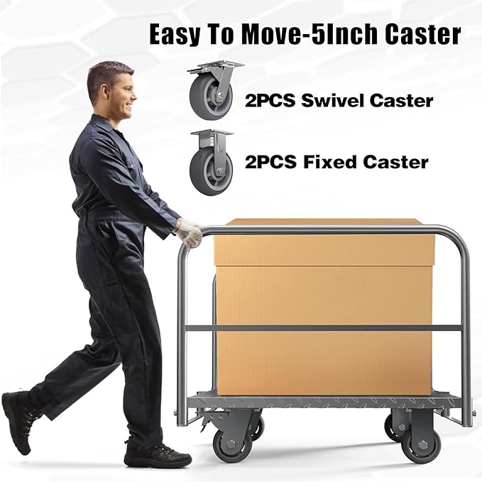 Panel Cart, Heavy Duty Flatbed Cart with 5In Swivel Caster 2000LBS Weight Capacity Lumber Drywall Mattress Cart Transporting Heavy Loads with Ease and Efficiency 2PCS Straps for Platform Truck