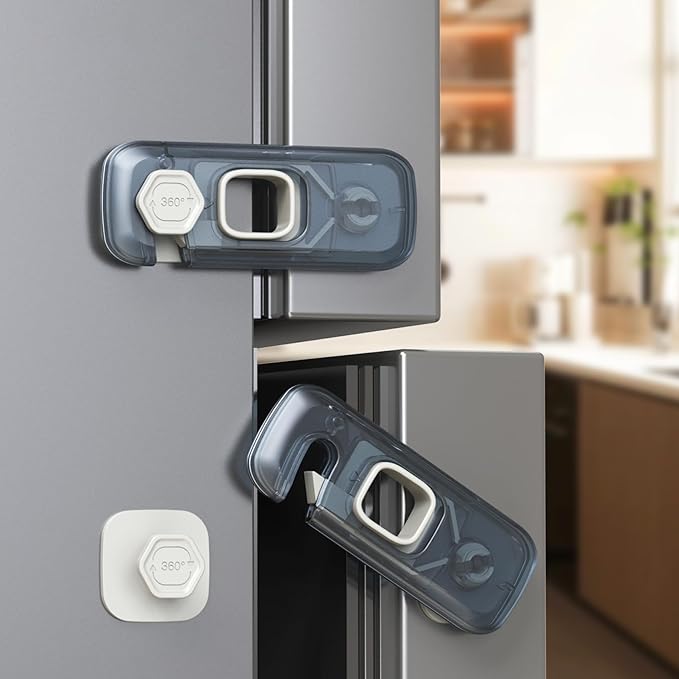 2-Pack Fridge Locks, Child Proof Refrigerator/Freezer Door Lock, Child Safety Cabinet Lock with Adhesive Pads -Freezer Latch to Keep Door Closed for Latches,Drawer,Closets,Oven (Clear-Blue)