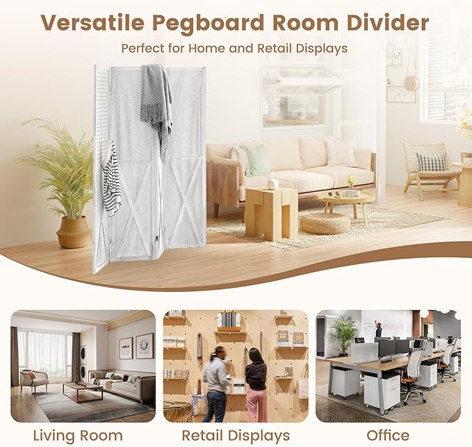 4 Panel Pegboard Wood Room Divider, 5.6Ft Pegboard Display Folding Privacy Screens, Peg Board Display Freestanding for Trade Show Craft Show Home Wall Organizer, Retro White
