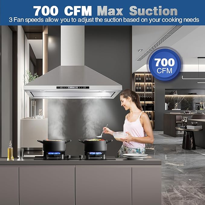 Island Range Hood 36 inch 700 CFM Ceiling Mount Kitchen Hood Vent with Gesture Sensing &Touch Control,Ducted/Ductless Convertible,3 Speeds Fan,4 LED Lights,Stainless Steel,Aluminum Filters