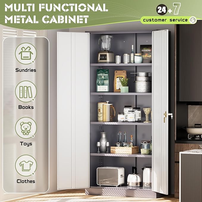 Oakmont Metal Storage Cabinet for Tool Organization, 72" Lockable Garage Storage Cabinets with 2 Doors and 4 Adjustable Shelves, Locking File Cabinet for Office, Home, School (72“ Wide-GreyWhite)