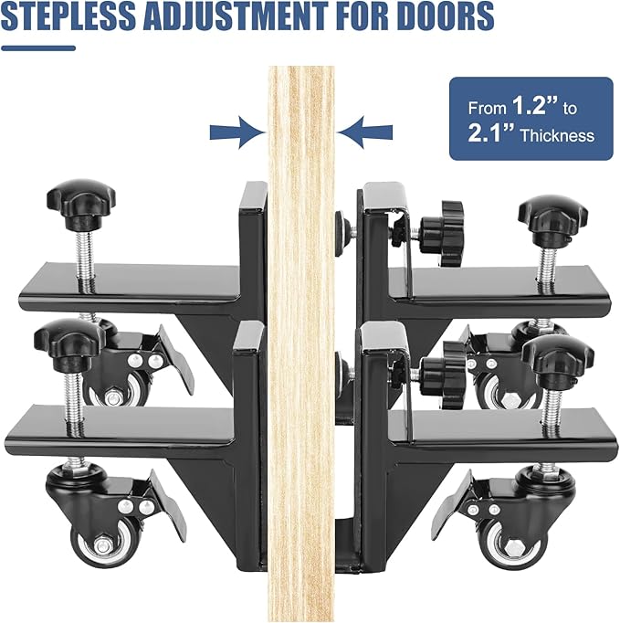 Industrial Black Alloy Steel Door Installation Tool, 4-Caster Wheels, 500 Pound Load Capacity, Adjusts 1.2" to 2.1" Thick Doors