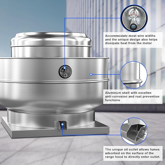 Restaurant Hood Grease Rated Exhaust Fan Food Truck Exhuast Fan Direct Drive Centrifugal Upblast Exhaust Fan 2HP 208-230V Single Phase Motor 6300 CFM, ETL Listed