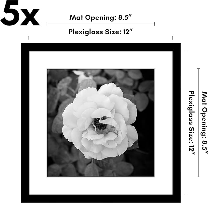 Americanflat 12x12 Picture Frame with Polished Plexiglass - Set of 5 - Use as 9x9 Frame with Mat or Display 12x12 Photo Without Mat - Galleria Collection - Square Frames for Wall Display - Black