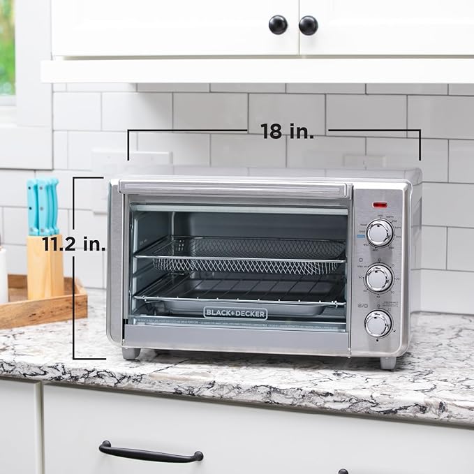 BLACK+DECKER Crisp 'N Bake Air Fryer Countertop Convection Toaster Oven, Large Capacity, 6-Slice, 5-in-1, Fits 12” Pizza, 60-Min Timer, Bake, Broil, Air Fry, Toast, Keep Warm, Stainless Steel