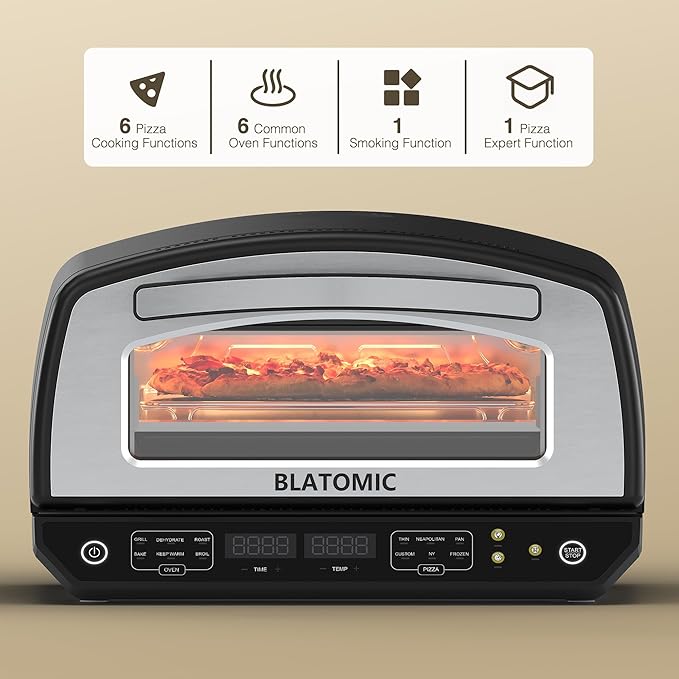 Indoor Pizza Oven - Makes 13 Inch Pizzas, Heats up to 850°F - Countertop Electric Pizza Maker with 6 Touchscreen Presets, Pizza stone & Peel, Baking Tray & Mesh Included - Stainless Black