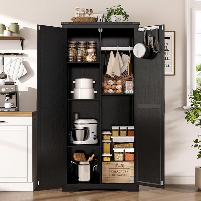 Tall Storage Cabinet with Adjustable Shelves, Farmhouse Pantry Organize with 2 Barn Doors, Large Freestanding Cabinet for Kitchen, Garage, Basement, Living, Utility Room, Black