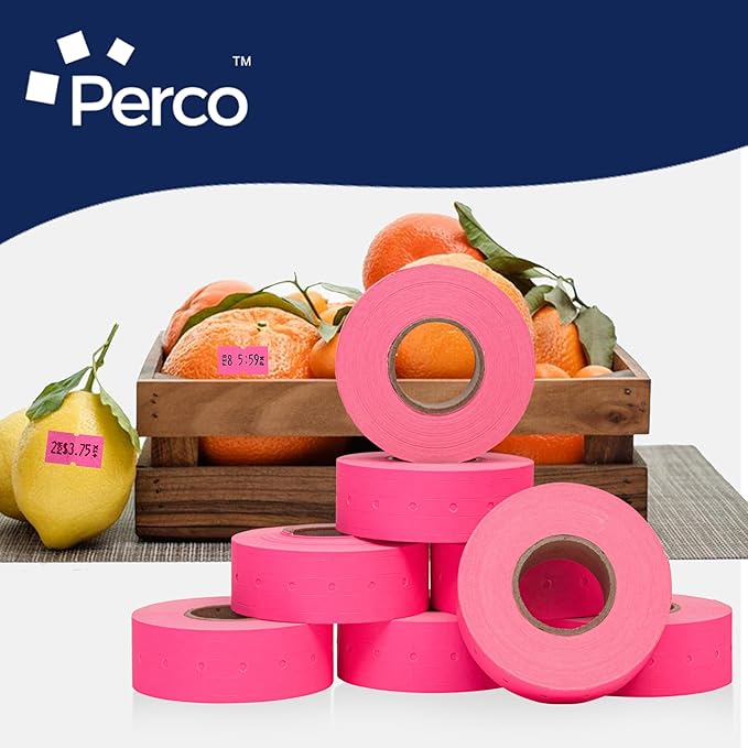Perco 1 Line Fluorescent Pink Labels - 8 Rolls, 1 Sleeve, 8,000 Blank Price and Date Gun Labels for Perco Lite, X, Plus and Pro 1 Line Price and Date Guns - Made in USA