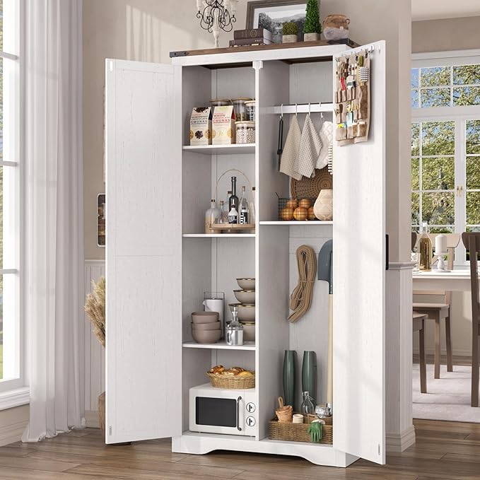 69" Tall Storage Cabinet with Adjustable Shelves, Farmhouse Pantry Organize with 2 Barn Doors, Large Freestanding Cabinet for Kitchen, Garage, Basement, Living, Utility Room, Off-White
