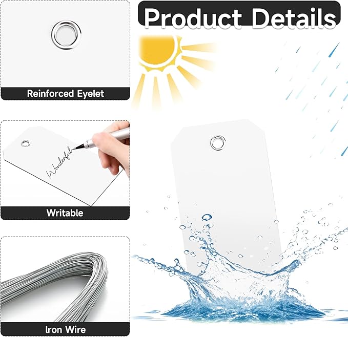 200 Pieces White Blank Shipping Tags 4 3/4" x 2 3/8" With String Hanging Plastic Attached - Reinforced Waterproof Wire Marking Tags #5 for Inventory, Luggage, Garage Parts, Asset (White)
