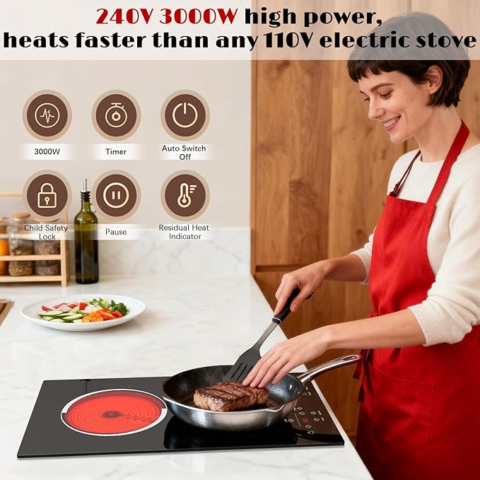 Karinear 2 Burner Electric Cooktop, 12 Inch Ceramic Glass Stove Top 3000W, Touch Control with 9 Power Levels, Timer & Child Safety Lock,Pause, for All Cookware, 240V Hardwired Drop-in Install