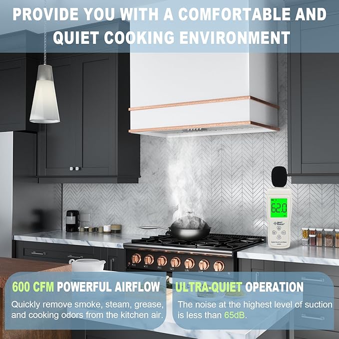 Akicon Range Hood 36 Inch, Stainless Steel Ducted Kitchen Hood with Powerful Motor, Wall Mount Modern Box, 36W X 30H X 14D Inch, AK-HS36HA-SWC (Signal White with Copper)
