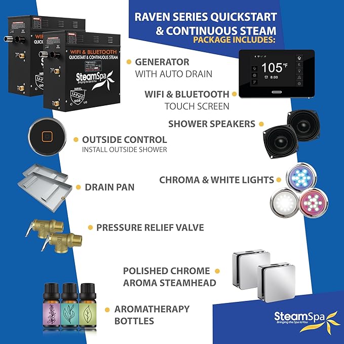 SteamSpa Steam System 15kW Steam Shower Generator with Bluetooth Wifi, Quickstart Continous Steam, Advanced Touch Pad Screen, Chroma Lights, Drain Pan and Auto Drain Chrome RVBS1500CH-A