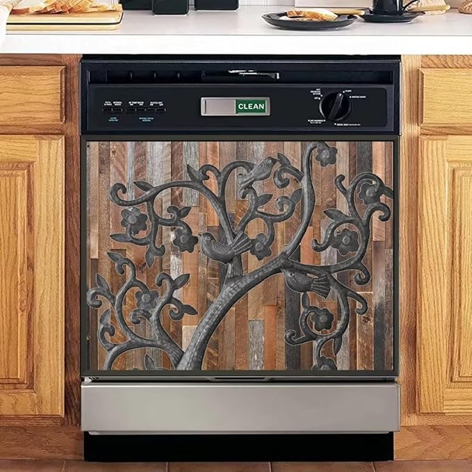 Tree of Life Dishwasher Cover Birds Fridge Sticker, Stainless Steel Tree Refrigerator Panel Cover, Wood Door Dishwasher Skin Cover (23" x 17" Ordinary)