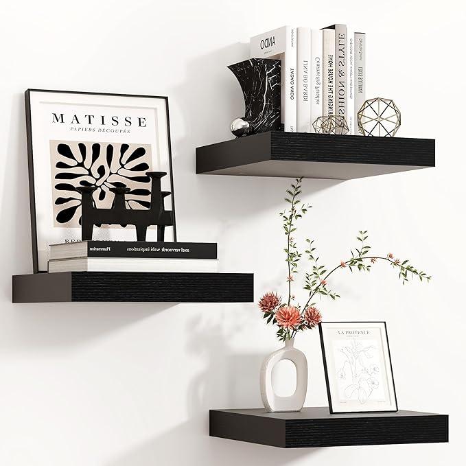 Square Floating Shelves for Wall 12"W x 12"D x 1.4"H, Small Engineered Wood Wall Shelves with Invisible Brackets for Living Room Bedroom Bathroom Office Kitchen Storage Decor, Black Finish, Set of 3