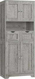 TEENFON 57.8" H Tall Storage Cabinet with 2 Drawers & 2 Adjustable Shelves, Bathroom Storage Cabinet with 4 Doors, Floor Cupboard, for Living Room, Dining Room, Entryway, Woodgrain Gray