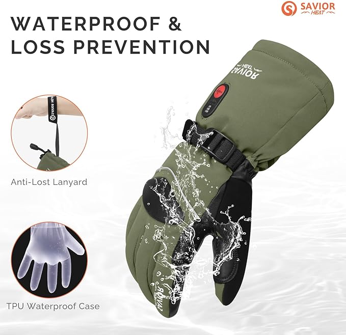 SAVIOR HEAT Heated Gloves for Men Heated Ski Gloves 10h Warm 7.4V 3000mAh Battery Thick Lining Waterproof Goatskin Palm Anti Loss Lanyard Outdoor Skiing Snowboarding for Winter