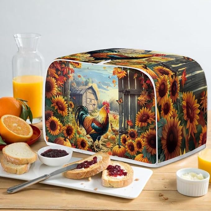 UNICEU Sunflower Rooster Print Toaster Dust Cover Protector Compatible with 4 Slice Heat-Resistant Dust Protection Anti-scratch Home Kitchen Decor