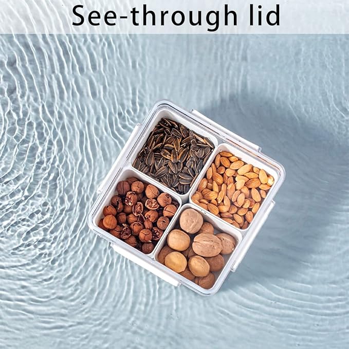 MineSign Divided Serving Tray with Lid for Veggie Charcuterie Container Portion Control Salad Keeper with 4 Removable Boxes Stackable Refrigerator Organizer Bins Food Storage Organizer Produce Saver